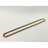 A 9CT GOLD ROPE NECKLACE - LENGTH 60CM