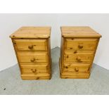 A PAIR OF GOOD QUALITY SOLID HONEY PINE THREE DRAWER BEDSIDE CABINETS.