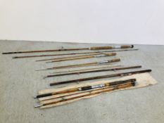 FOUR SPLIT CANE FISHING RODS TO INCLUDE FLY FISHING, PIKE FISHING, ETC.