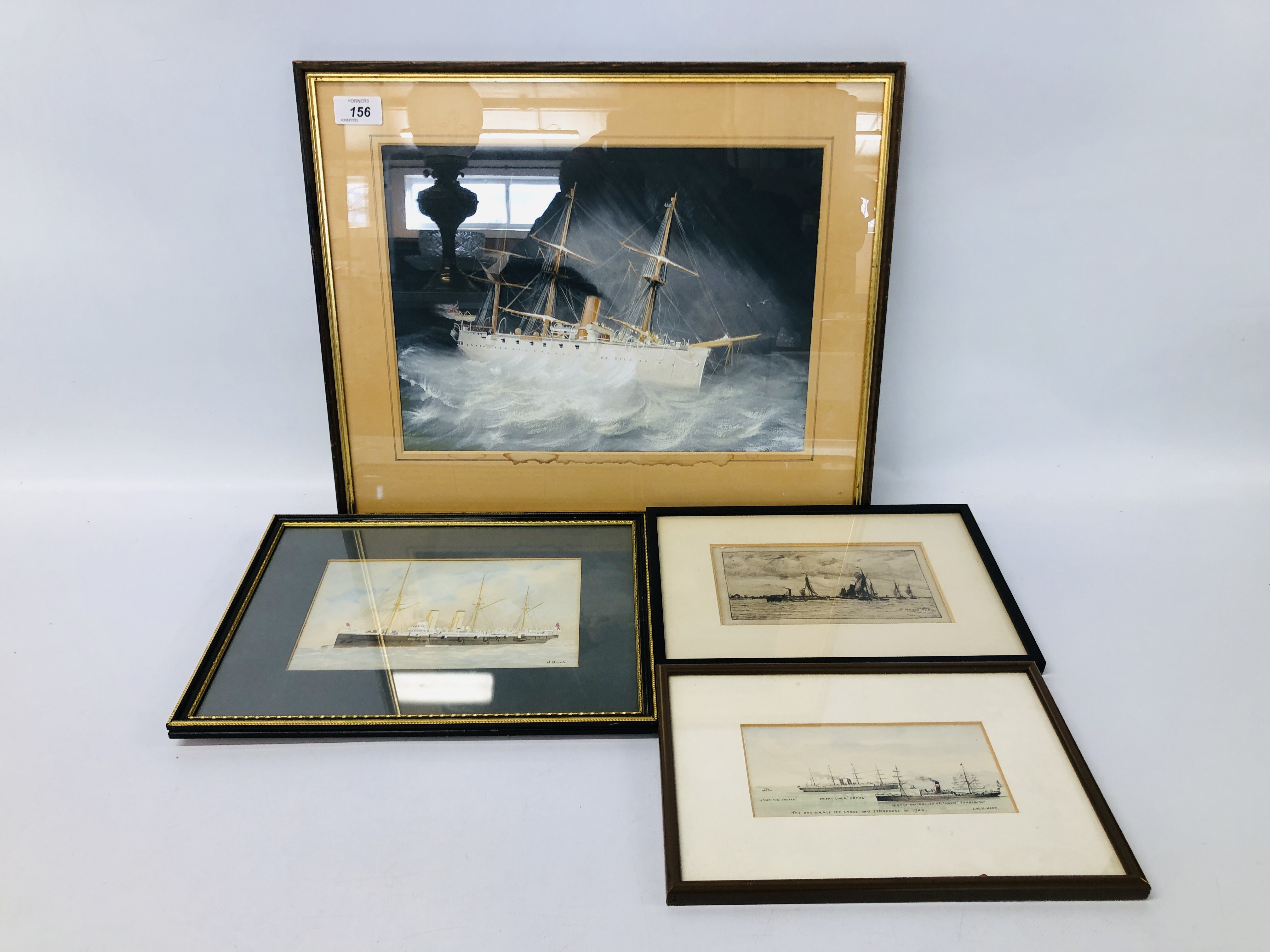 FOUR FRAMED SHIPPING SCENES TO INCLUDE WATERCOLOUR "HMS CALLEOPE" BEARING SIGNATURE M.