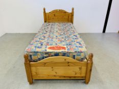 A GOOD QUALITY SOLID HONEY PINE SINGLE BEDSTEAD WITH AIR SPRUNG HERITAGE RENTAPINE MATTRESS WITH