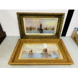A PAIR OF GILT FRAMED OIL ON BOARD DEPICTING SAILING BOATS 59CM X 29CM.