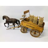 A WOODEN MODEL WAGON/DRAY MARKED "COURAGE" WITH LEATHERED COVERED HORSE