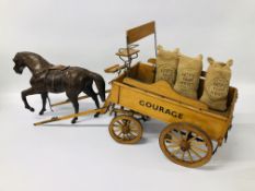 A WOODEN MODEL WAGON/DRAY MARKED "COURAGE" WITH LEATHERED COVERED HORSE