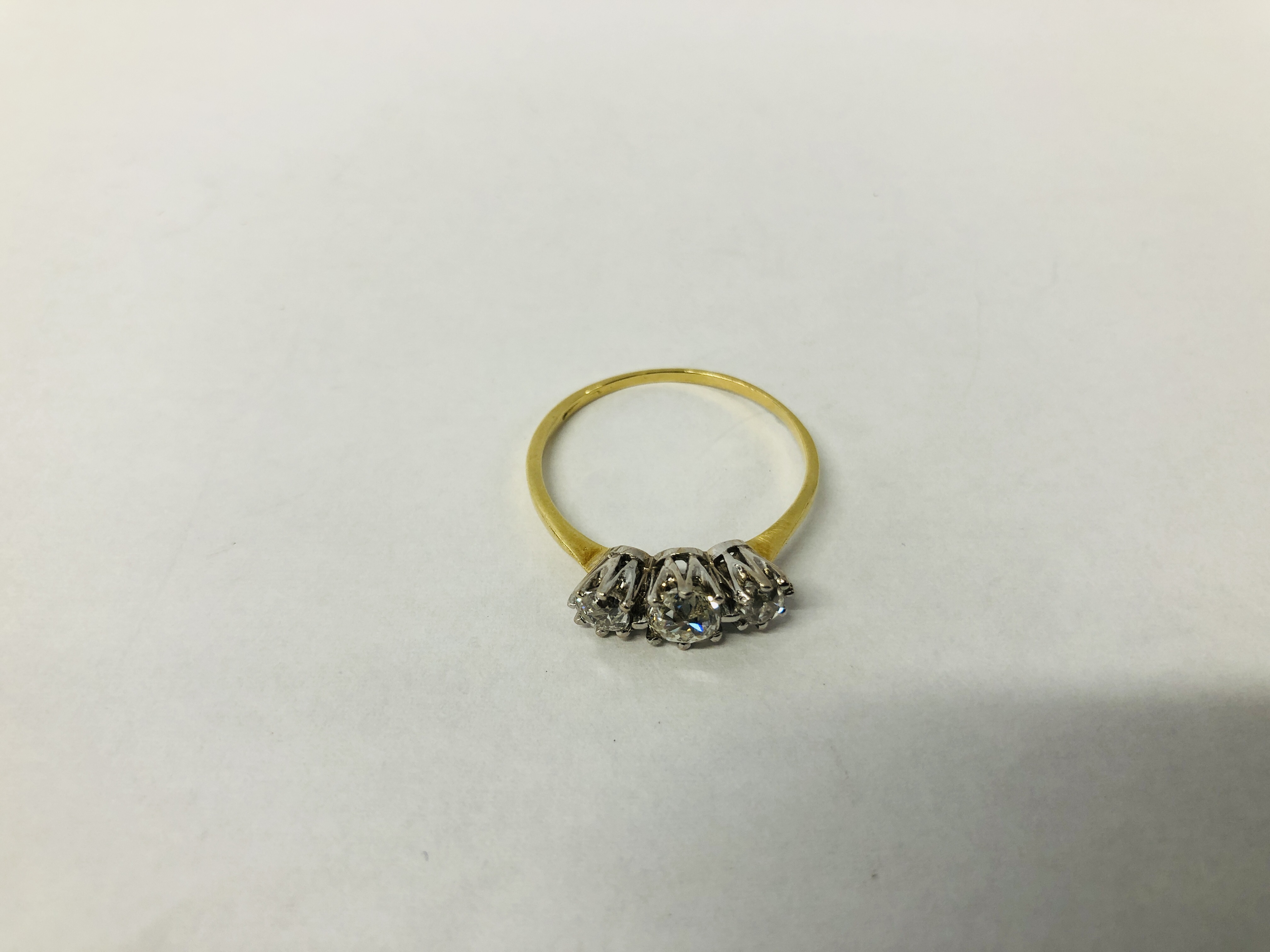 ANTIQUE YELLOW METAL (RUBBED MARKS) THREE STONE DIAMOND RING - Image 2 of 8