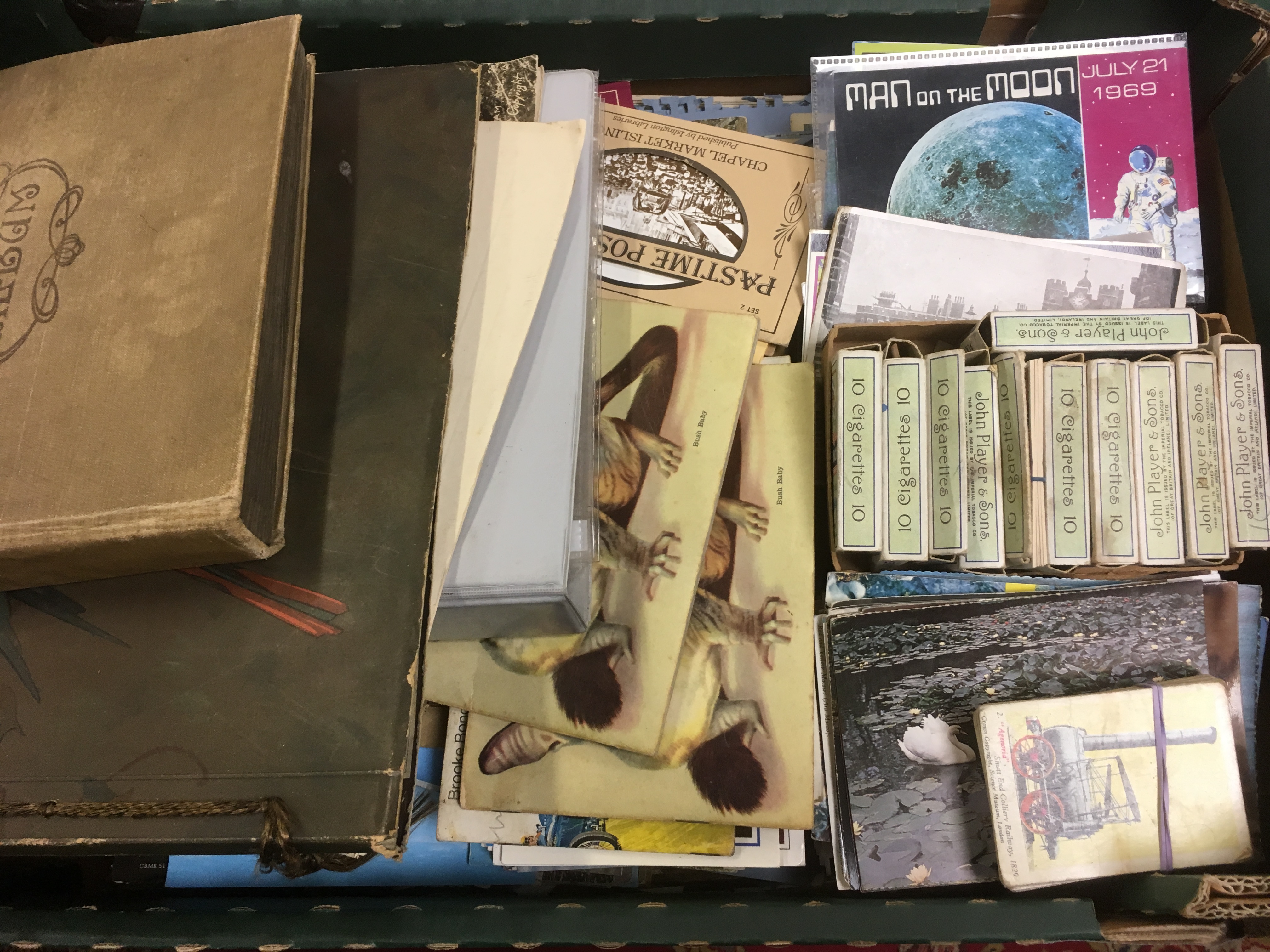 BOX OF EPHEMERA, PHOTOGRAPHS, POSTCARDS, CIGARETTE CARDS ETC.