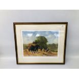 LIMITED EDITION FRAMED AND MOUNTED SHIRE HORSES BRING IN THE HARVEST SCENE BEARING SIGNATURE JOHN