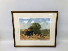 LIMITED EDITION FRAMED AND MOUNTED SHIRE HORSES BRING IN THE HARVEST SCENE BEARING SIGNATURE JOHN