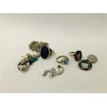 BOX OF ASSORTED SILVER JEWELLERY TO INCLUDE DESIGNER NECKLACE, RINGS, ETC.