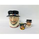 3 X ROYAL DOULTON CHARACTER JUGS COMPRISING A LARGE "BEEFEATER",