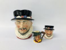 3 X ROYAL DOULTON CHARACTER JUGS COMPRISING A LARGE "BEEFEATER",