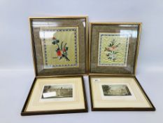 TWO FRAMED ORIENTAL SILK PANELS ALONG WITH TWO COLOURED ETCHINGS QUEENS COLLEGE AND ST JOHNS