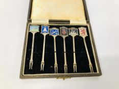 CASED SET OF 6 WHITE METAL ENAMELLED PUB SIGN COCKTAIL STICKS