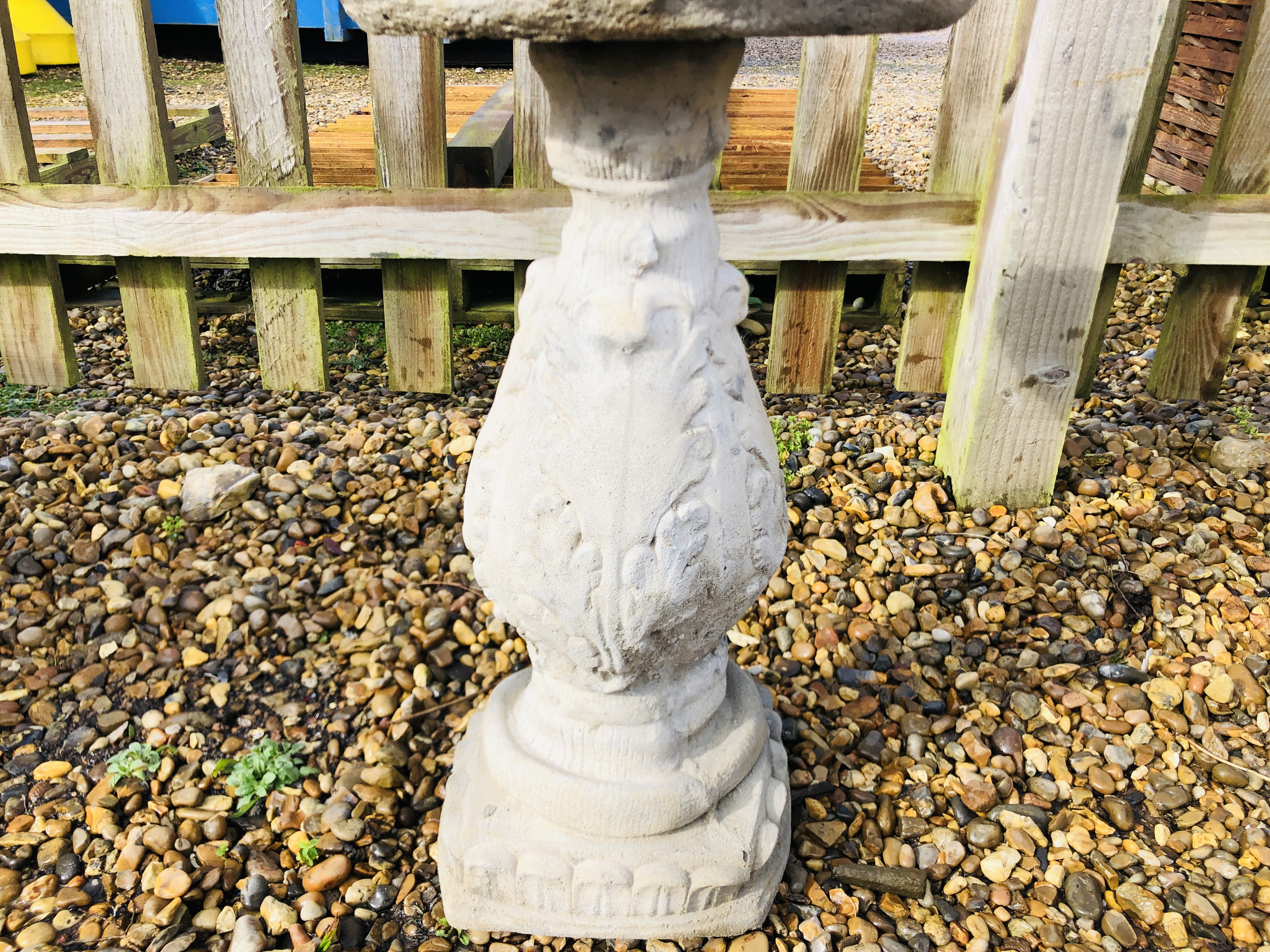 A STONEWORK BIRD BATH, THE BALUSTER SUPPORT WITH FOLIAGE DESIGN - HEIGHT 60CM. - Image 2 of 3