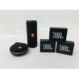 5 X VARIOUS JBL BLUETOOTH SPEAKERS TO INCLUDE CLIP - NO GUARANTEE OF CONNECTIVITY. SOLD AS SEEN.