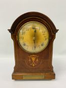 EDWARDIAN INLAID MANTEL CLOCK MARKED "GILBERT" WITH BRASS PRESENTATION PLAQUE DATED 1920 HEIGHT