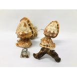 A PAIR OF VINTAGE CAMEO CARVED SHELL LAMPS ALONG WITH VINTAGE CORK SCREW AND CAMEO TOP INKWELL A/F.