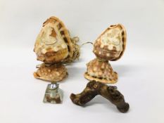 A PAIR OF VINTAGE CAMEO CARVED SHELL LAMPS ALONG WITH VINTAGE CORK SCREW AND CAMEO TOP INKWELL A/F.