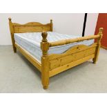 A HEAVY WAXED PINE KINGSIZE BEDSTEAD WITH SLEEPEEZEE ORTHOCREST 1000 MATTRESS AND MEMORY FOAM