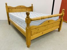 A HEAVY WAXED PINE KINGSIZE BEDSTEAD WITH SLEEPEEZEE ORTHOCREST 1000 MATTRESS AND MEMORY FOAM