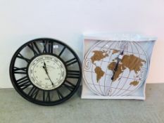 TWO REPRODUCTION WALL CLOCKS - GLOBE DESIGN DIAMETER 59CM. AND CAFE DE MARQUERITES DIAMETER 60CM.