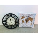 TWO REPRODUCTION WALL CLOCKS - GLOBE DESIGN DIAMETER 59CM. AND CAFE DE MARQUERITES DIAMETER 60CM.