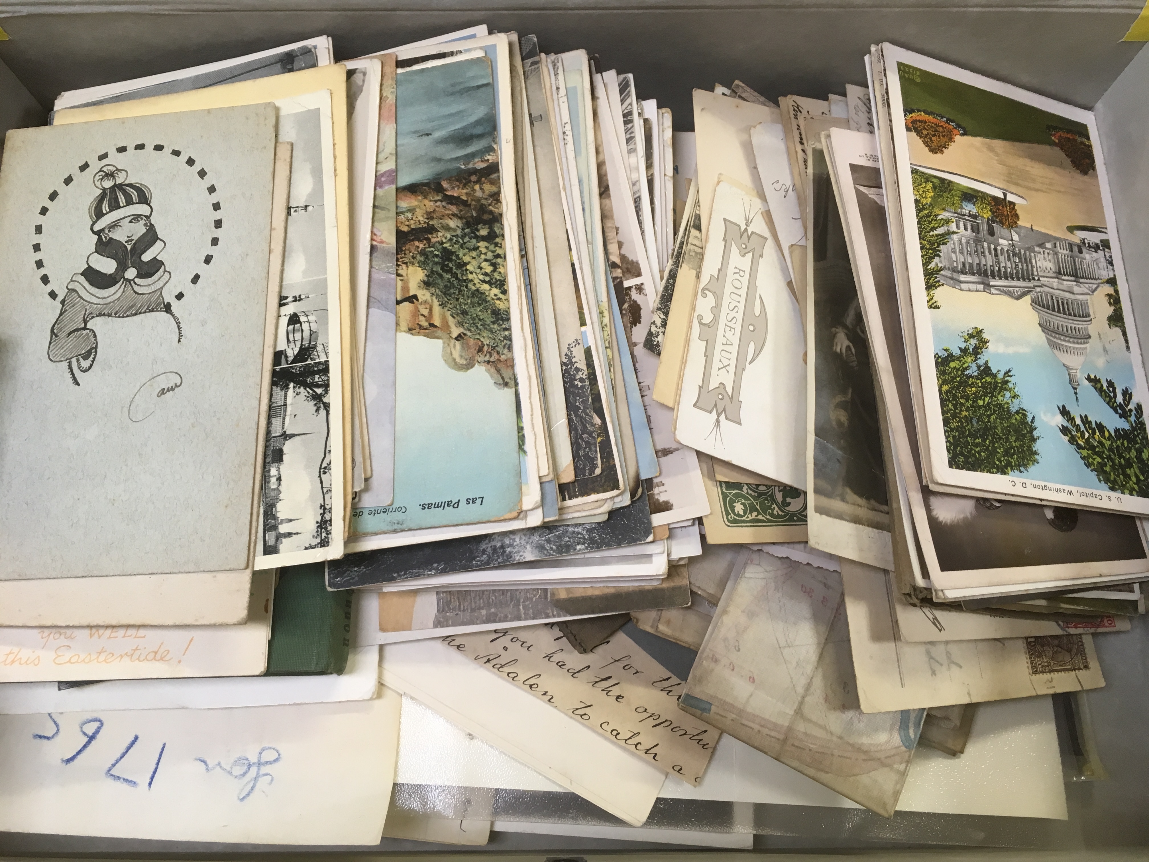 FILE BOX OF OLD POSTCARDS AND EPHEMERA.