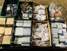 8 BOXES OF ELECTRICALS TO INCLUDE COOKER SWITCHES, LIGHT SWITCHES, LIGHT FITTINGS, SOCKETS,