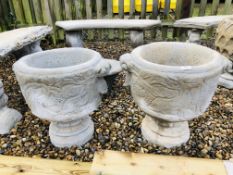 A PAIR OF STONEWORK PEDESTAL PLANTERS DECORATED WITH STAGS AND VINES - HEIGHT 48CM. DIA. 47CM.