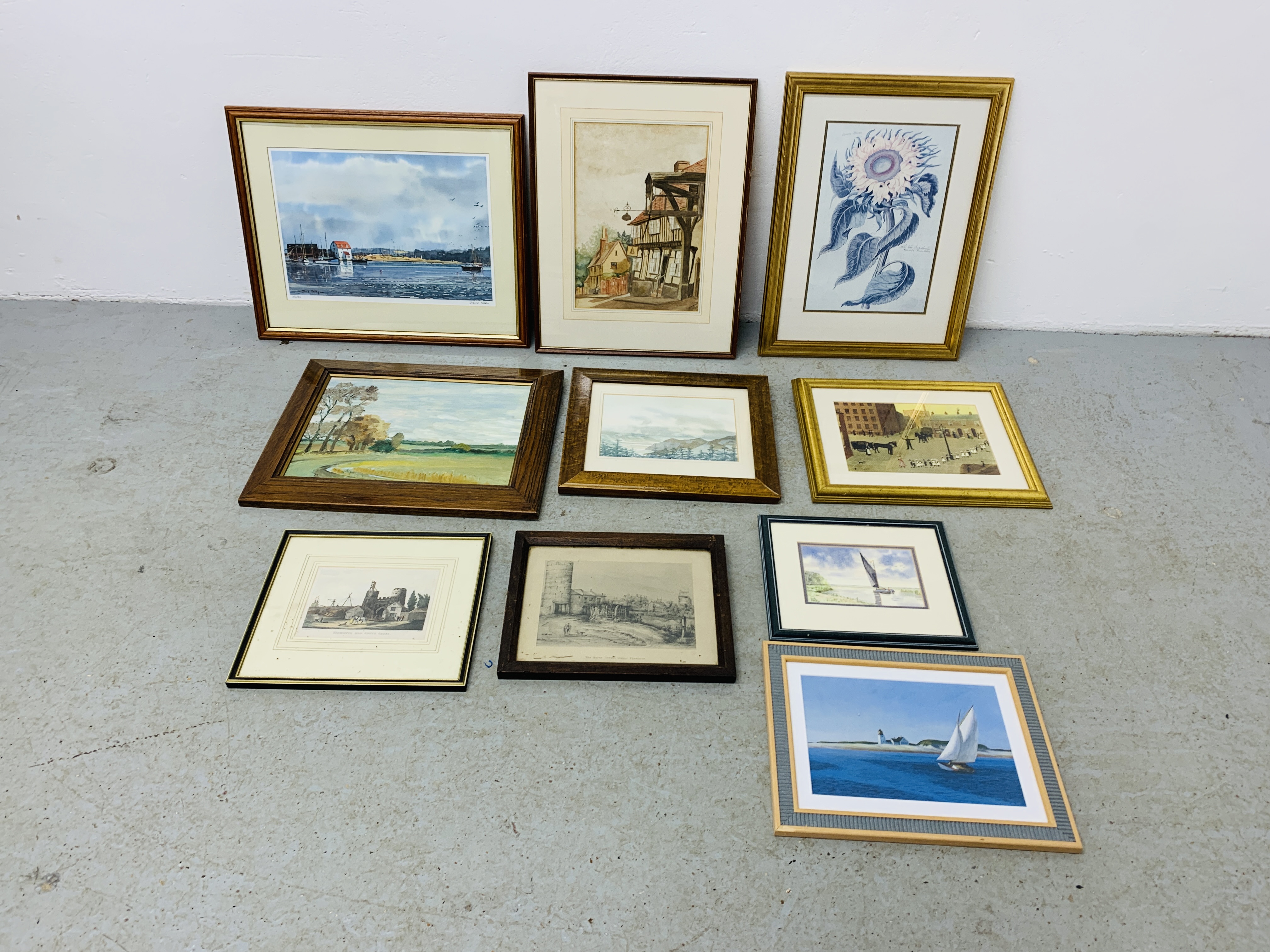 TEN VARIOUS FRAMED OIL, WATER COLOURS AND PRINTS.