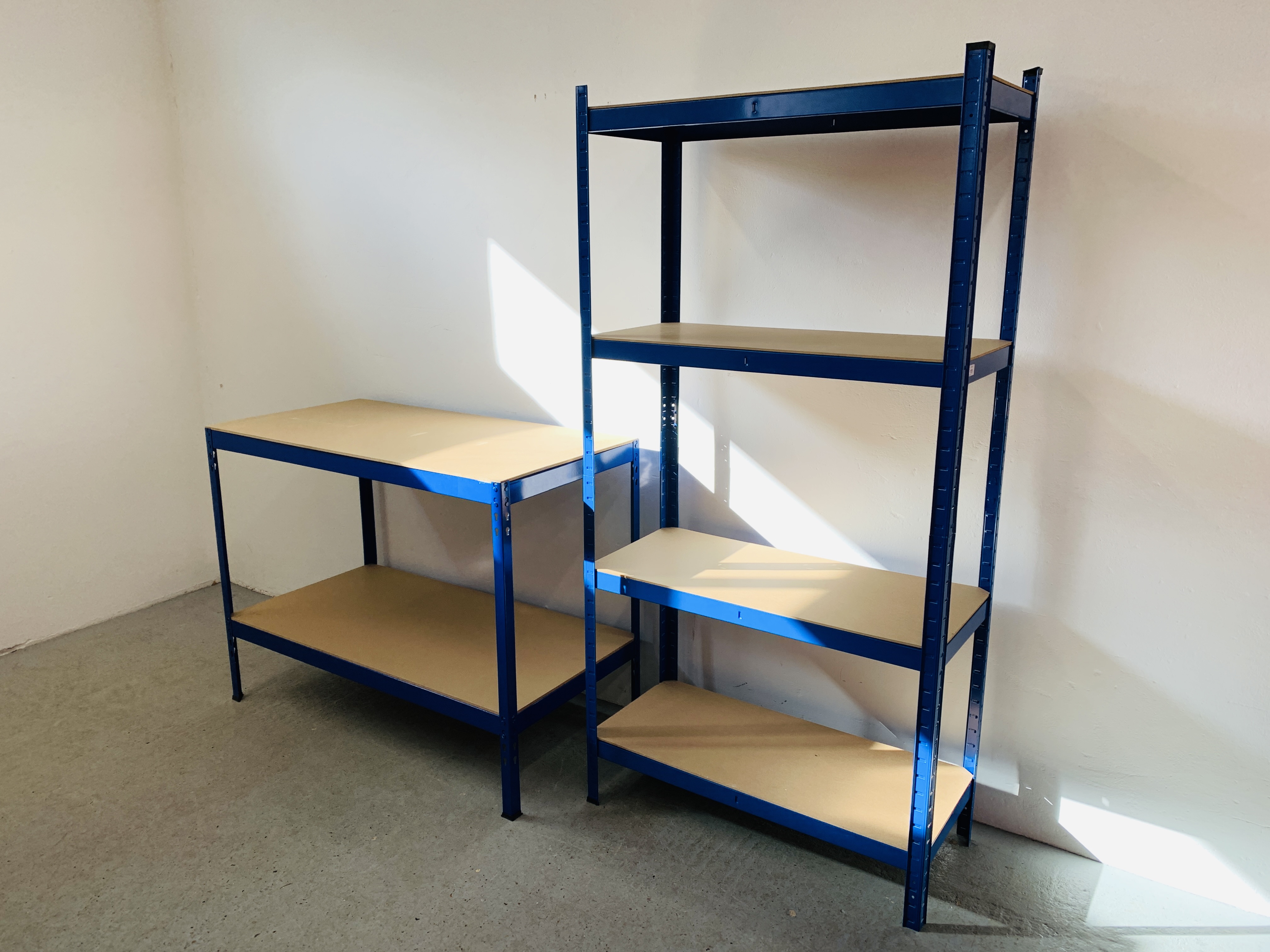 STEEL FRAMED FOUR TIER WORKSHOP SHELVING WIDTH 90CM. DEPTH 40CM. HEIGHT 183CM.