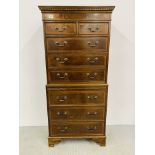 A REPRODUCTION MAHOGANY CHEST ON CHEST WITH BRUSHING SLIDE - W 70CM. D 40CM. H 155CM.