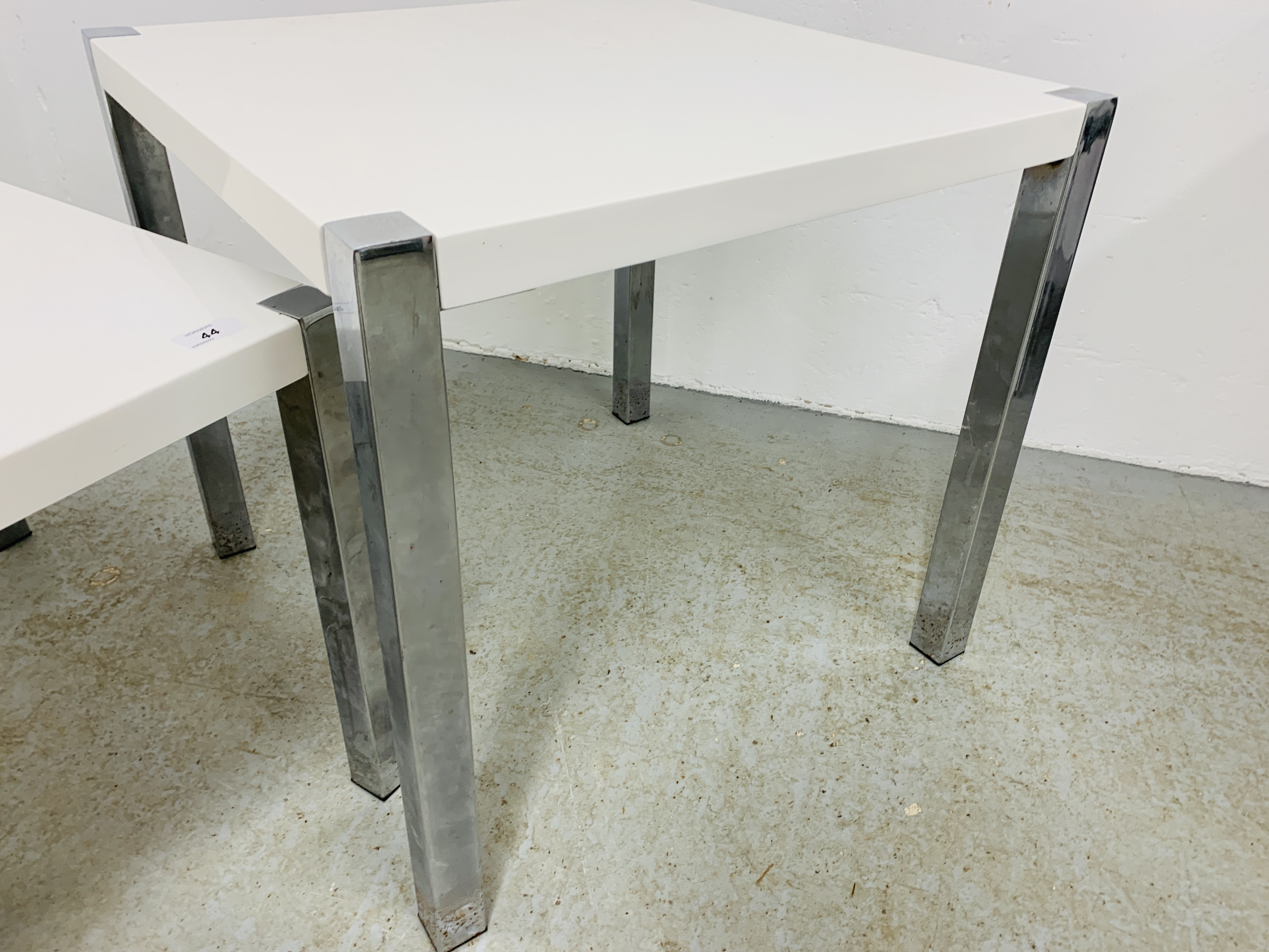 TWO DESIGNER HIGH GLOSS WHITE AND CHROME OCCASIONAL TABLES (LAMP TABLE - W 56CM. D 56CM. H 52CM. - Image 5 of 7