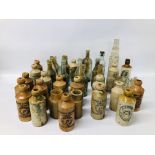 COLLECTION OF VINTAGE GLASS AND STONEWARE GINGER BEER BOTTLES TO INCLUDE STEWARD AND PATTESON