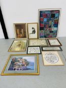 COLLECTION OF FRAMED PICTURES AND PRINTS, MAP AND VARIOUS FRAMED NEEDLE WORK PICTURES, ETC.
