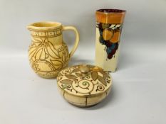 THREE PIECES OF CHARLOTTE RHEAD BURSLEY WARE COMPRISING AN ART DECO FRUIT DECORATED VASE 785,