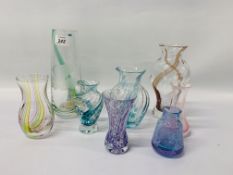 EIGHT ASSORTED CAITHNESS GLASS VASES OF VARIOUS SIZES.