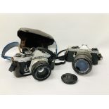 2 X DIGITAL CAMERAS - OLYMPUS OM-2N SLR 35MM CAMERA AND LEATHER CASE,