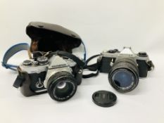 2 X DIGITAL CAMERAS - OLYMPUS OM-2N SLR 35MM CAMERA AND LEATHER CASE,