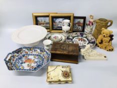 BOX OF ASSORTED CHINA TO INCLUDE P & O CRUISES WEDGWOOD PLAYING CARDS, CAKE STAND,