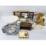 BOX OF ASSORTED CHINA TO INCLUDE P & O CRUISES WEDGWOOD PLAYING CARDS, CAKE STAND,