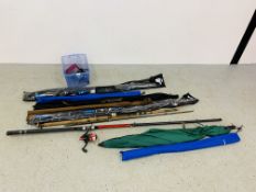 COLLECTION OF FISHING RODS, REELS AND ACCESSORIES TO INCLUDE SHAKESPEARE, ALPHA, ROD STACK,