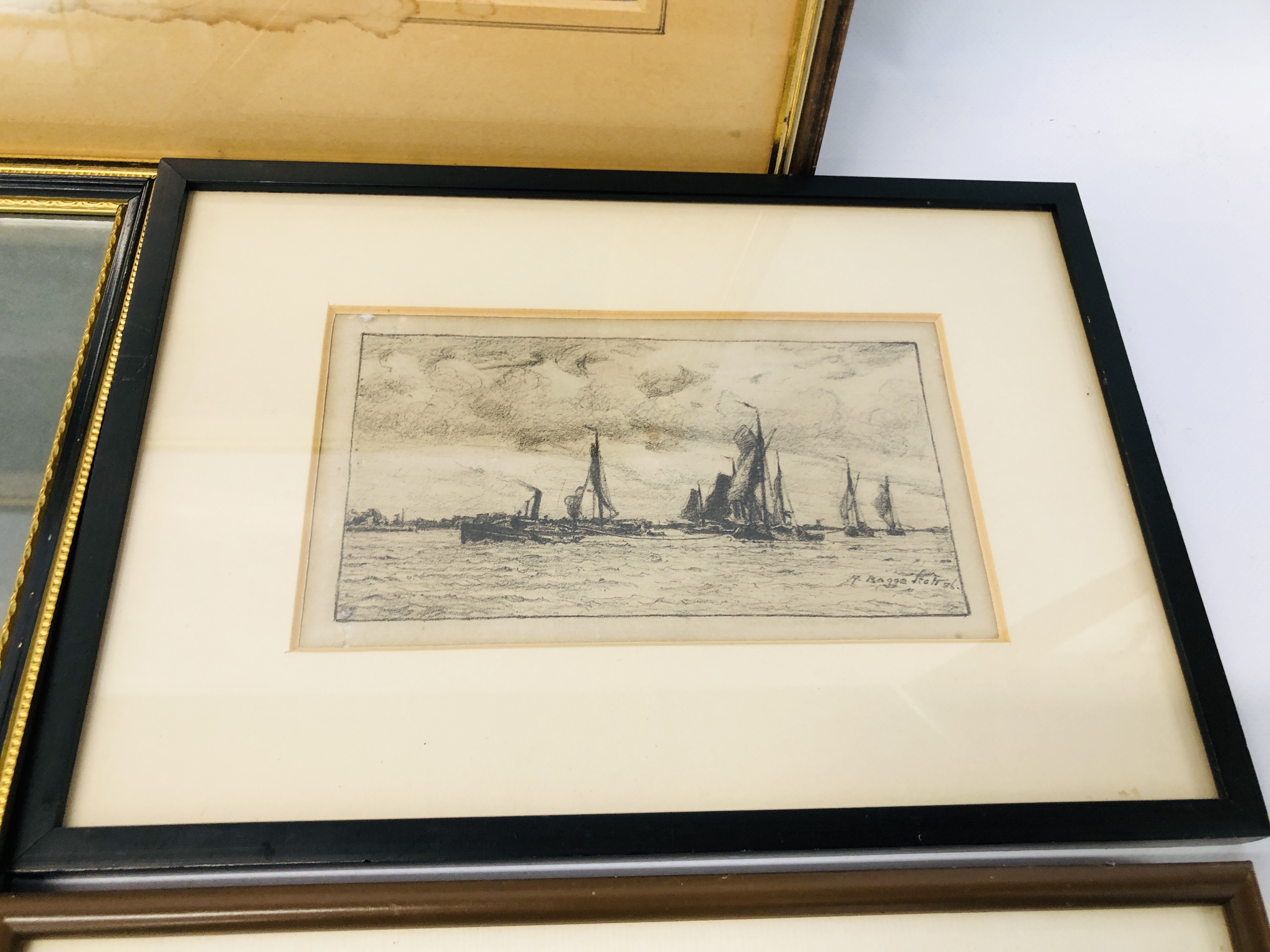 FOUR FRAMED SHIPPING SCENES TO INCLUDE WATERCOLOUR "HMS CALLEOPE" BEARING SIGNATURE M. - Image 4 of 8