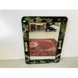 ORIENTAL BLACK LACQUERED WALL MIRROR WITH PAINTED LADIES W 76CM X H 102CM.