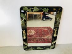 ORIENTAL BLACK LACQUERED WALL MIRROR WITH PAINTED LADIES W 76CM X H 102CM.