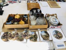 4 X BOXES OF ASSORTED SUNDRIES TO INCLUDE GLASSWARE, PAIR OF STONEWARE INDUS GOBLETS, STORAGE JARS,