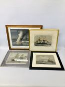 FOUR FRAMED COLOURED ENGRAVINGS AND PRINTS SHIPPING SCENES TO INCLUDE MAPLE FRAMED INCENDIE DU
