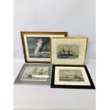 FOUR FRAMED COLOURED ENGRAVINGS AND PRINTS SHIPPING SCENES TO INCLUDE MAPLE FRAMED INCENDIE DU