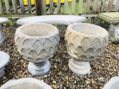 A PAIR OF PINEAPPLE DESIGN PEDESTAL GARDEN PLANTERS - HEIGHT 50CM. DIA. 40CM.