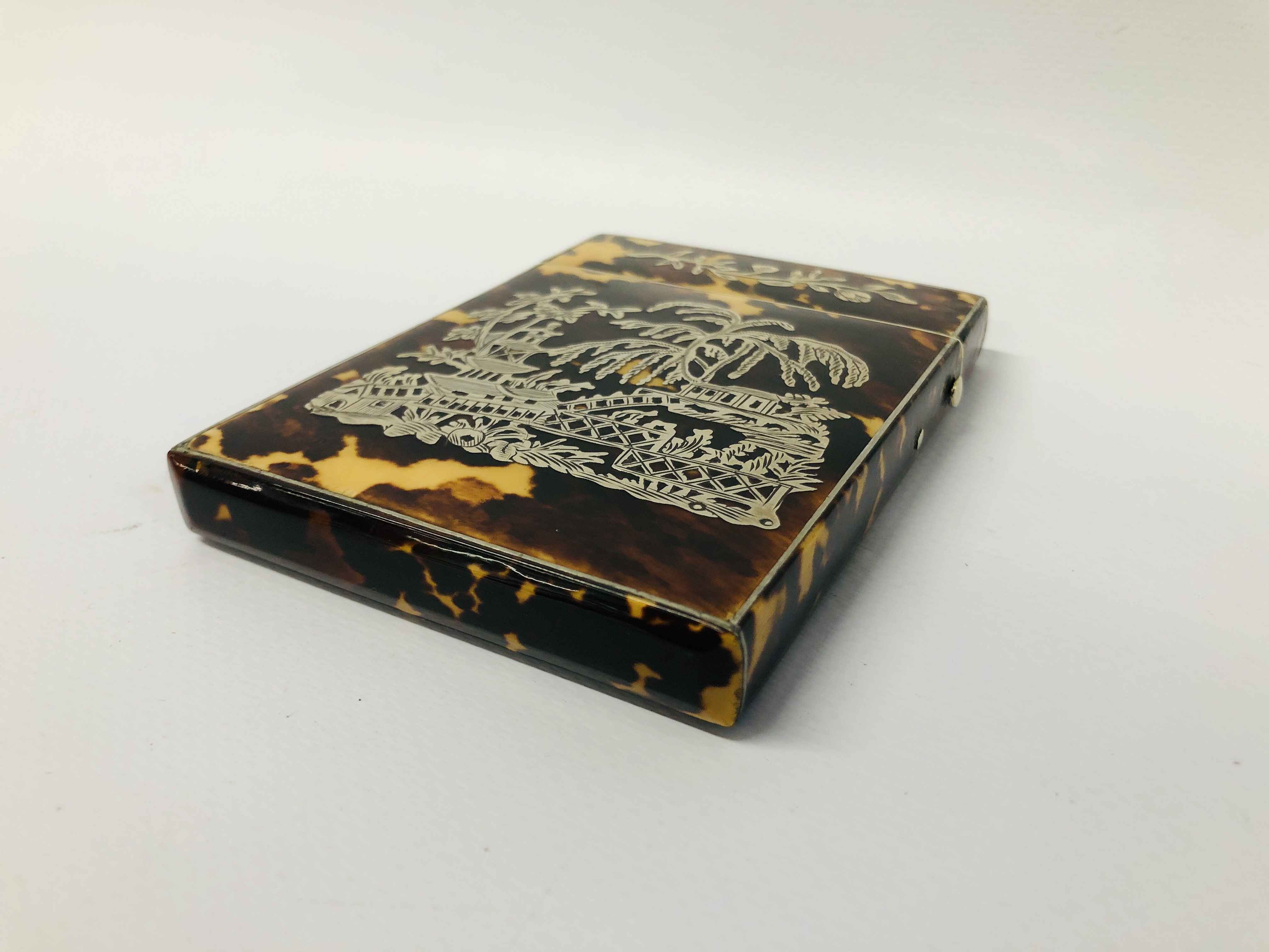 ANTIQUE TORTOISE SHELL SILVER INLAID CARD CASE. - Image 2 of 7